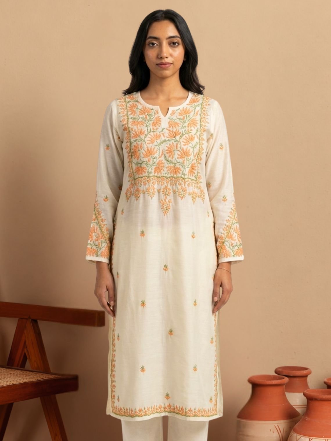 Phool Premium Chanderi Straight Chikankari Kurti - Chowkhat Lifestyle