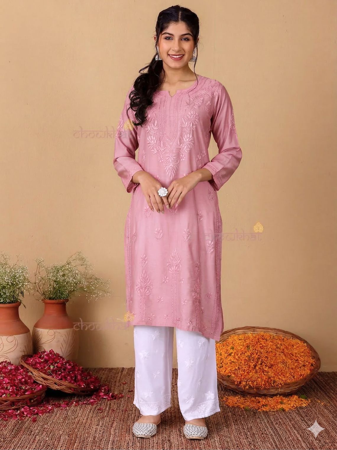 Maya Chanderi Chikankari Straight Kurti