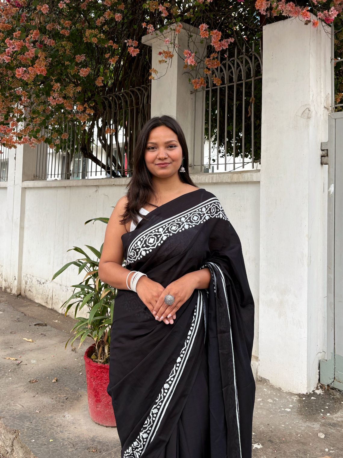 Koyal Pre- Draped Hand Printed Mul Cotton Saree