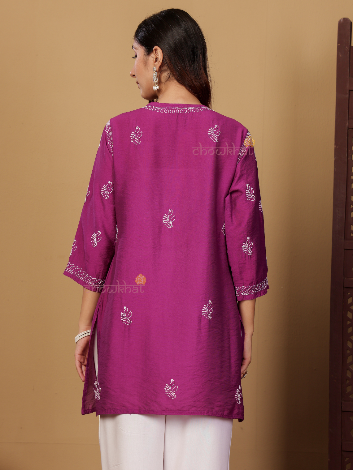 Azha Chanderi Straight Short Chikankari Kurti
