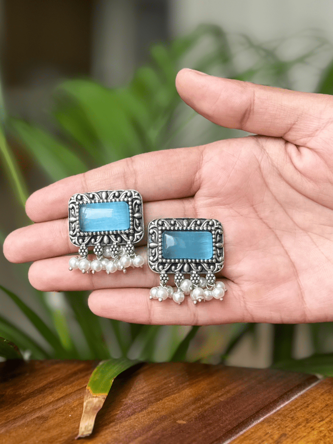 Oxidised German Silver Rectangular Pearl Earrings - Chowkhat Lifestyle