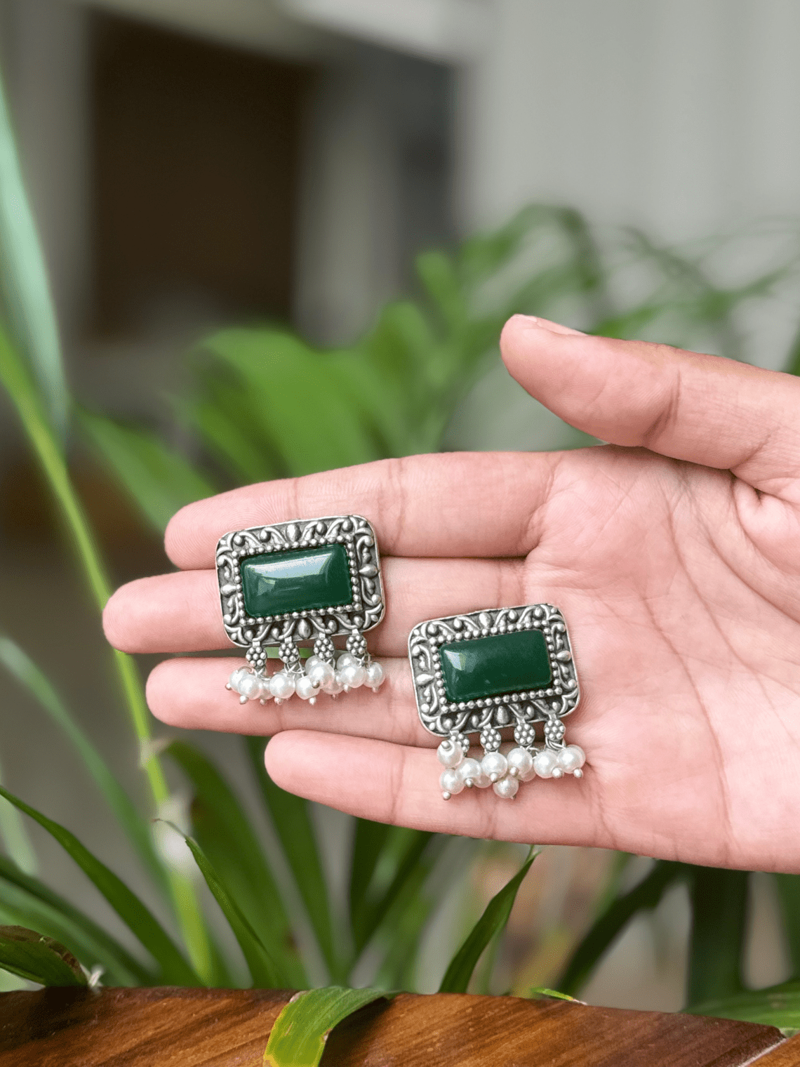Oxidised German Silver Rectangular Pearl Earrings - Chowkhat Lifestyle