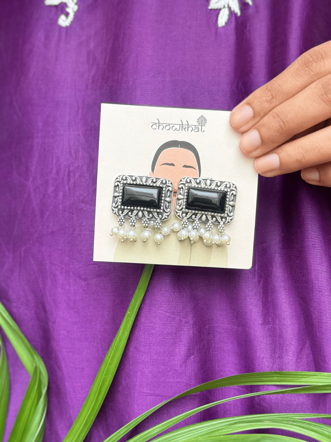 Oxidised German Silver Rectangular Pearl Earrings - Chowkhat Lifestyle