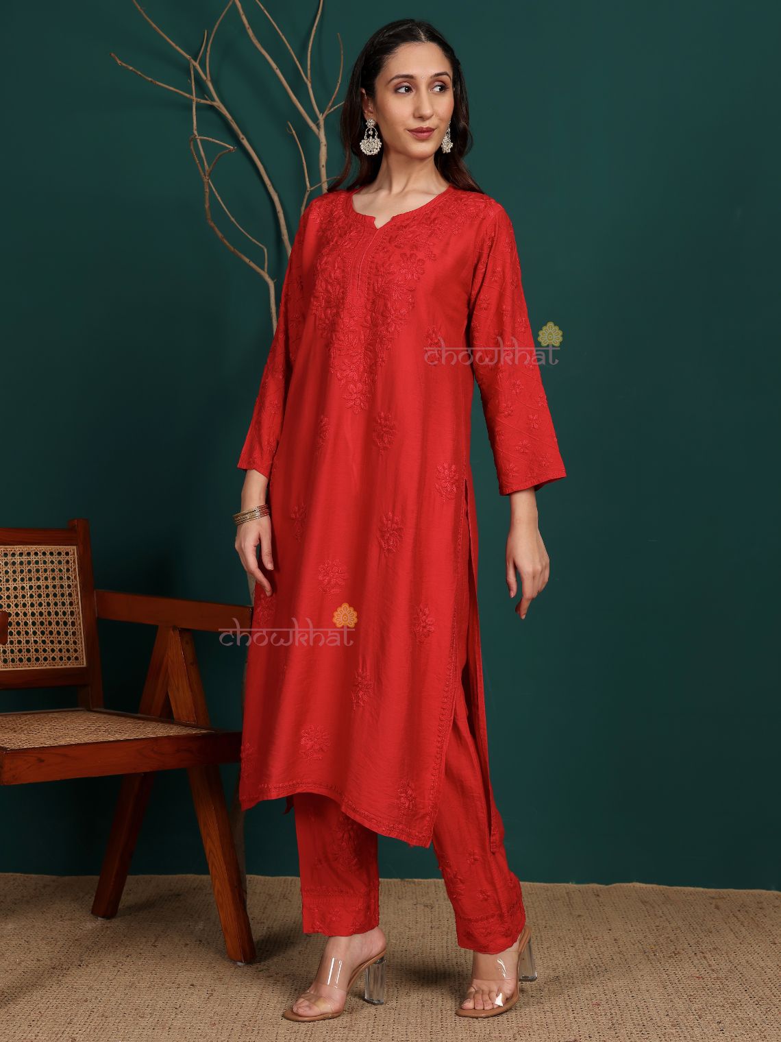 Ruhani Premium Chanderi Chikankari Kurti & Palazzo Set