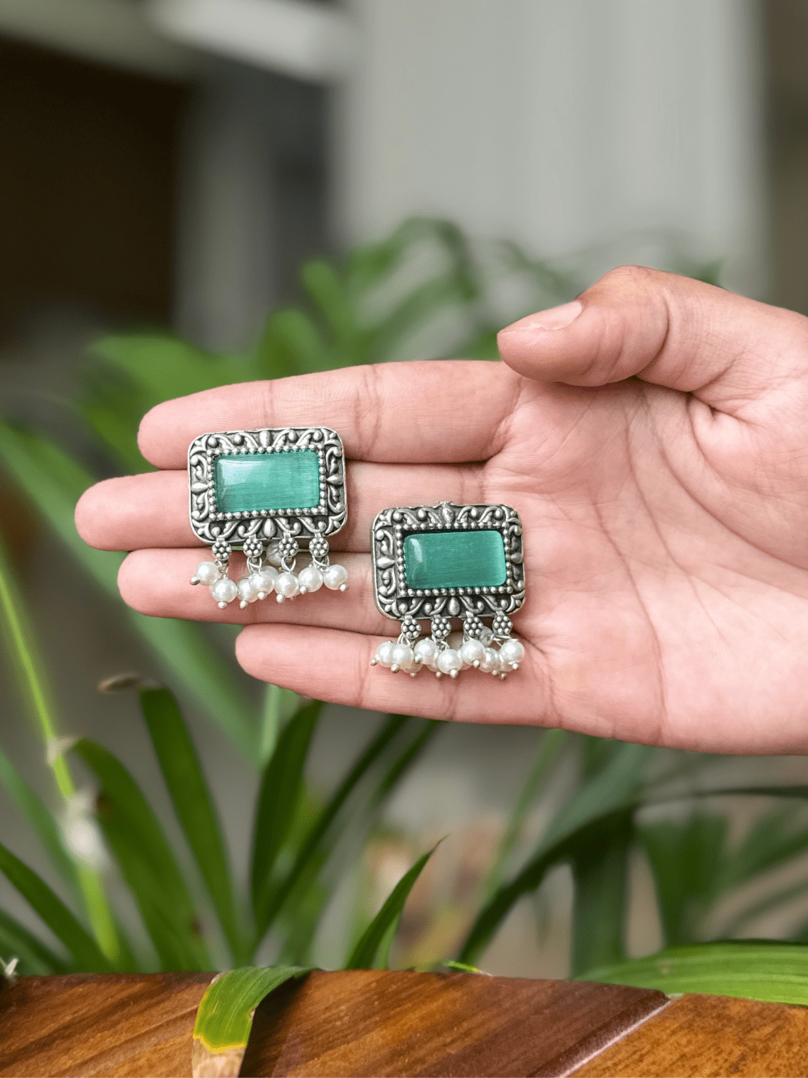 Oxidised German Silver Rectangular Pearl Earrings - Chowkhat Lifestyle
