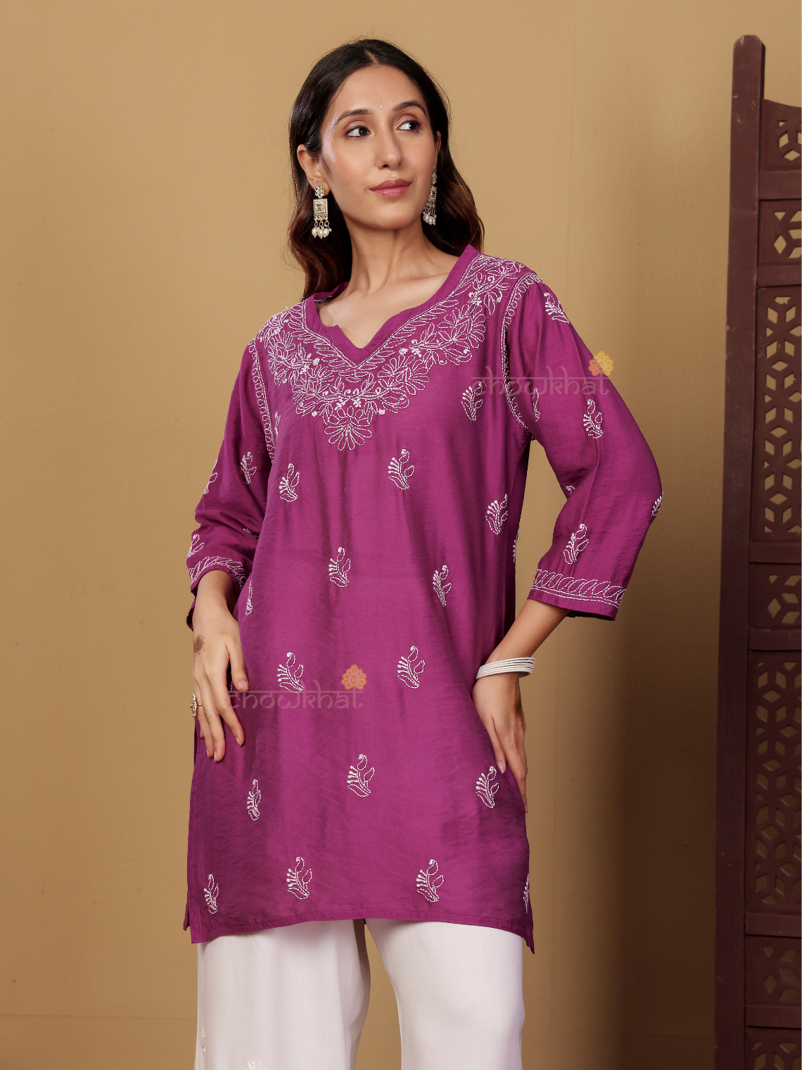 Azha Chanderi Straight Short Chikankari Kurti