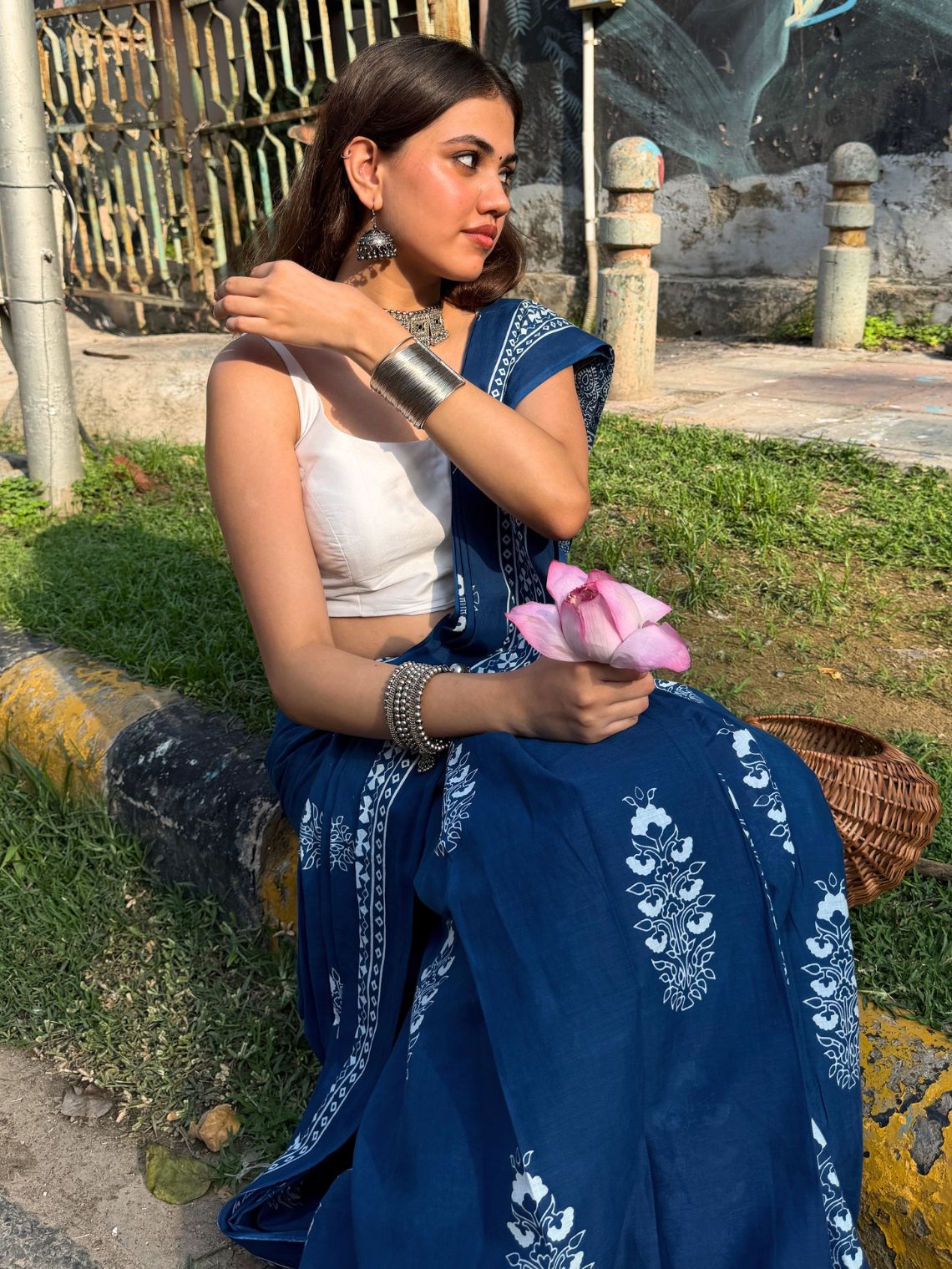 Nargis Pre- Draped Hand Printed Mul Cotton Saree - Chowkhat Lifestyle