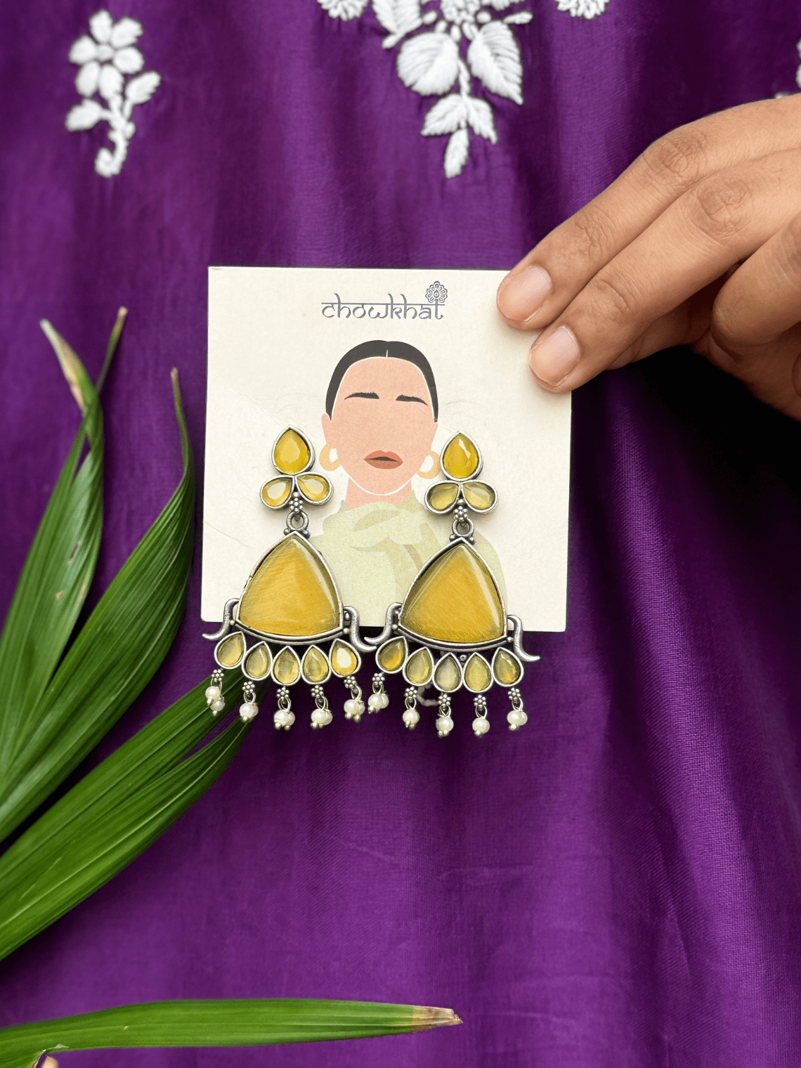 German Silver Stone Earrings With Pearl - Chowkhat Lifestyle