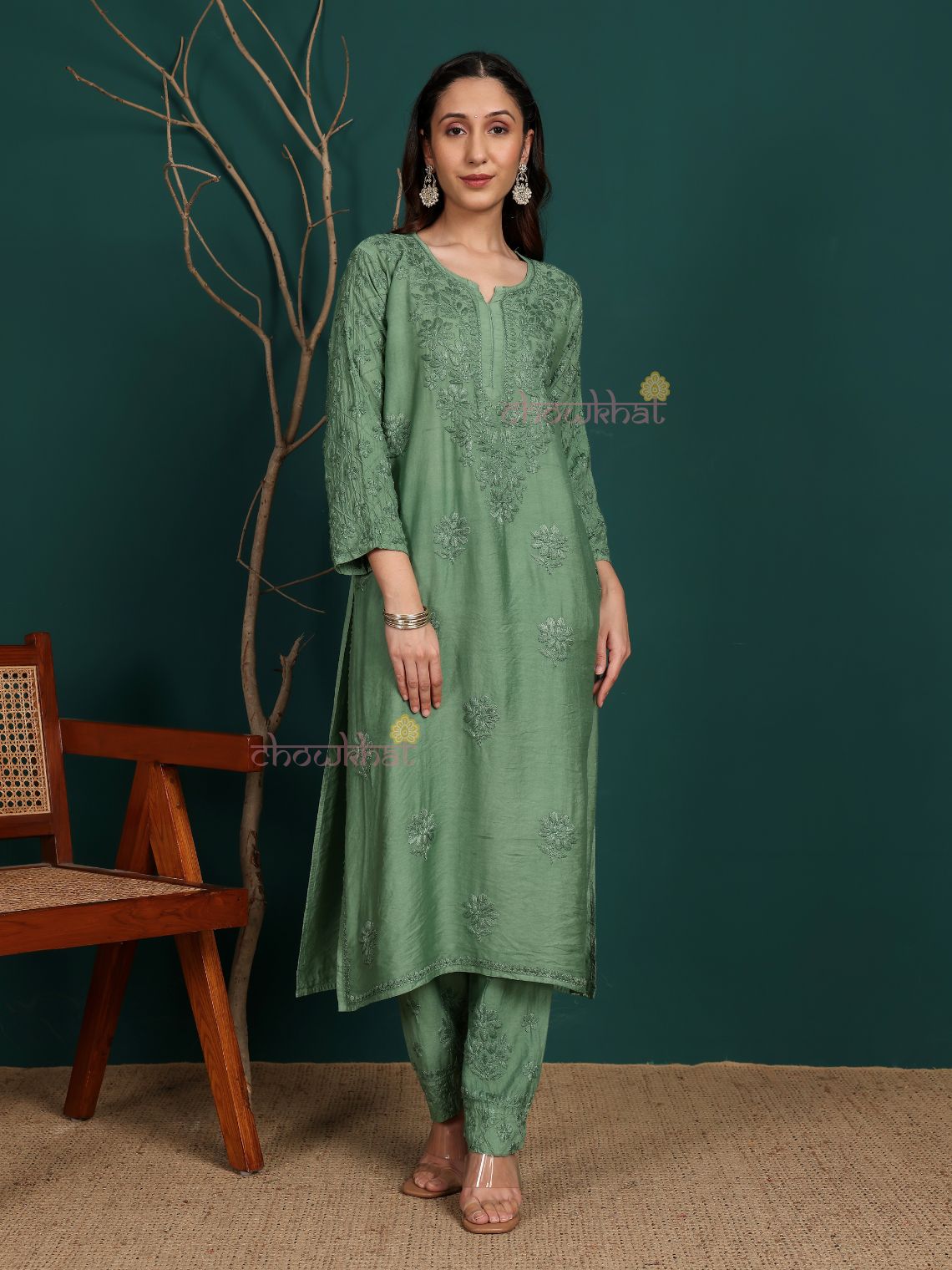 Ruhani Premium Chanderi Chikankari Kurti & Palazzo Set