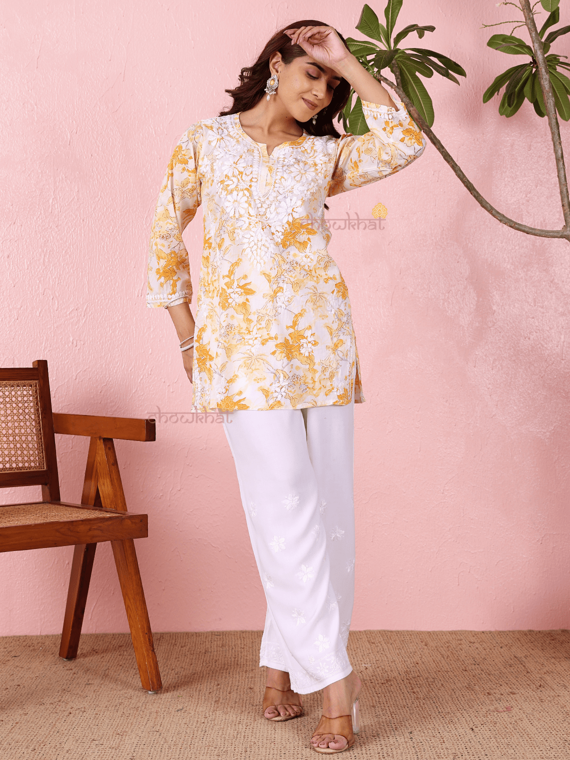 Sara Mul Cotton Straight Short Chikankari Kurti - Chowkhat Lifestyle