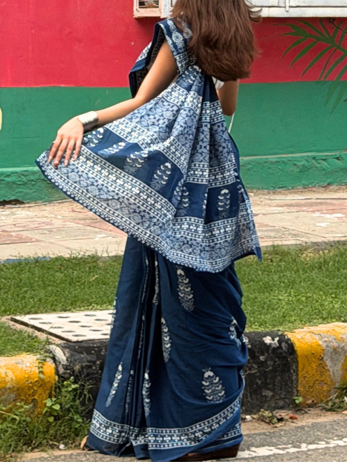 Nargis Pre- Draped Hand Printed Mul Cotton Saree - Chowkhat Lifestyle