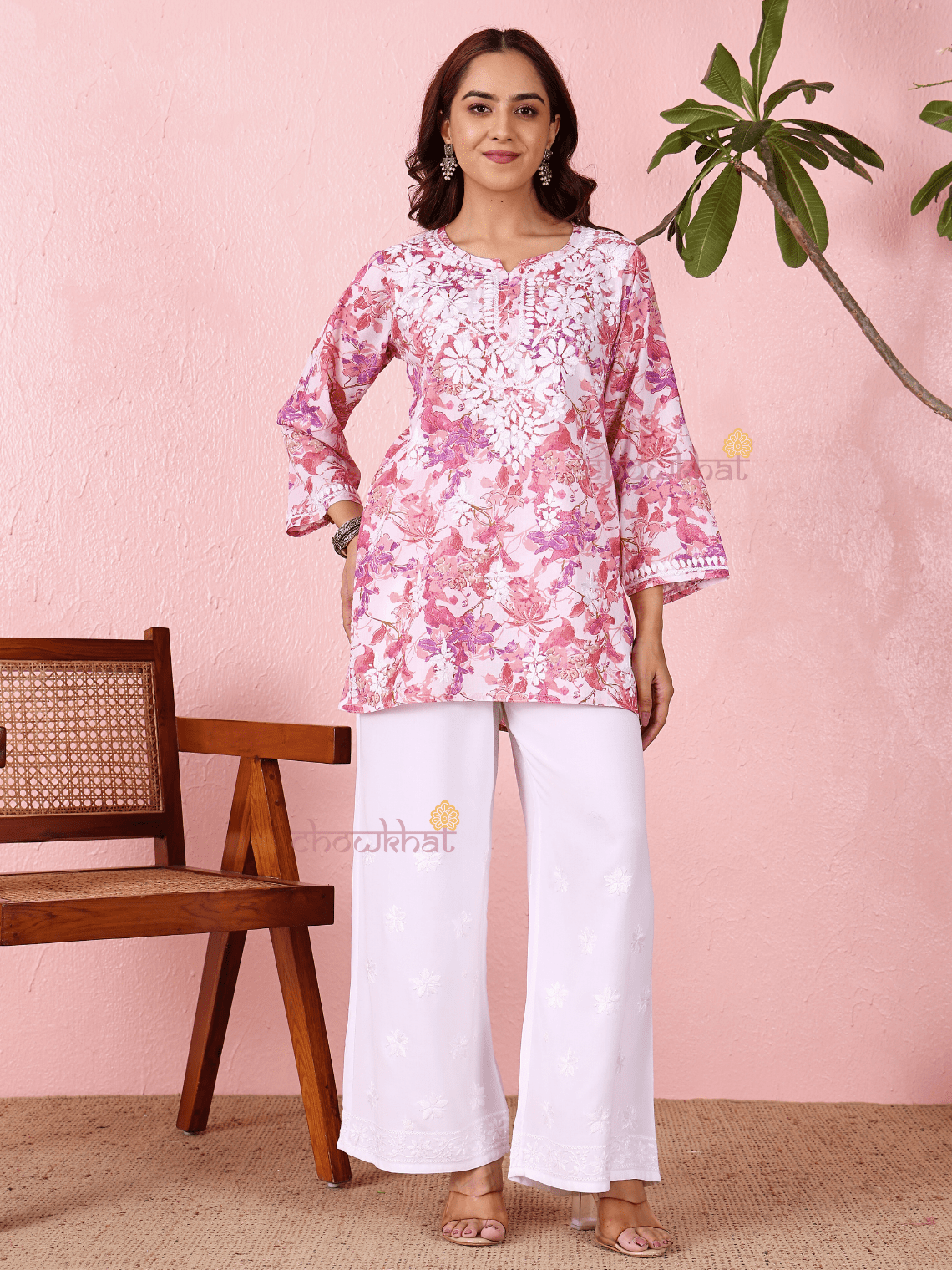 Sara Mul Cotton Straight Short Chikankari Kurti - Chowkhat Lifestyle