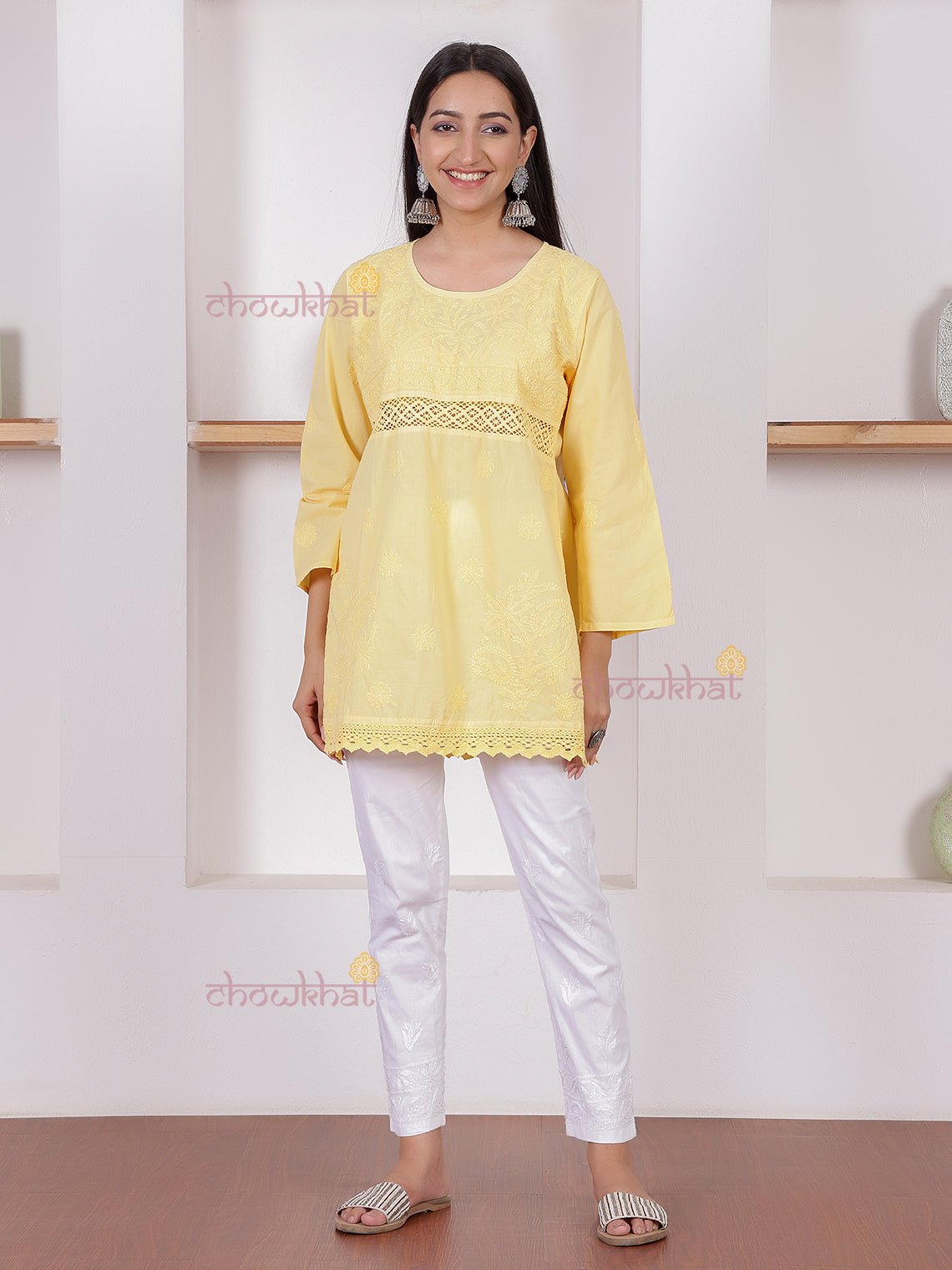 Azra Short Cotton Chikankari kurti with Lace Detailing - Chowkhat Lifestyle