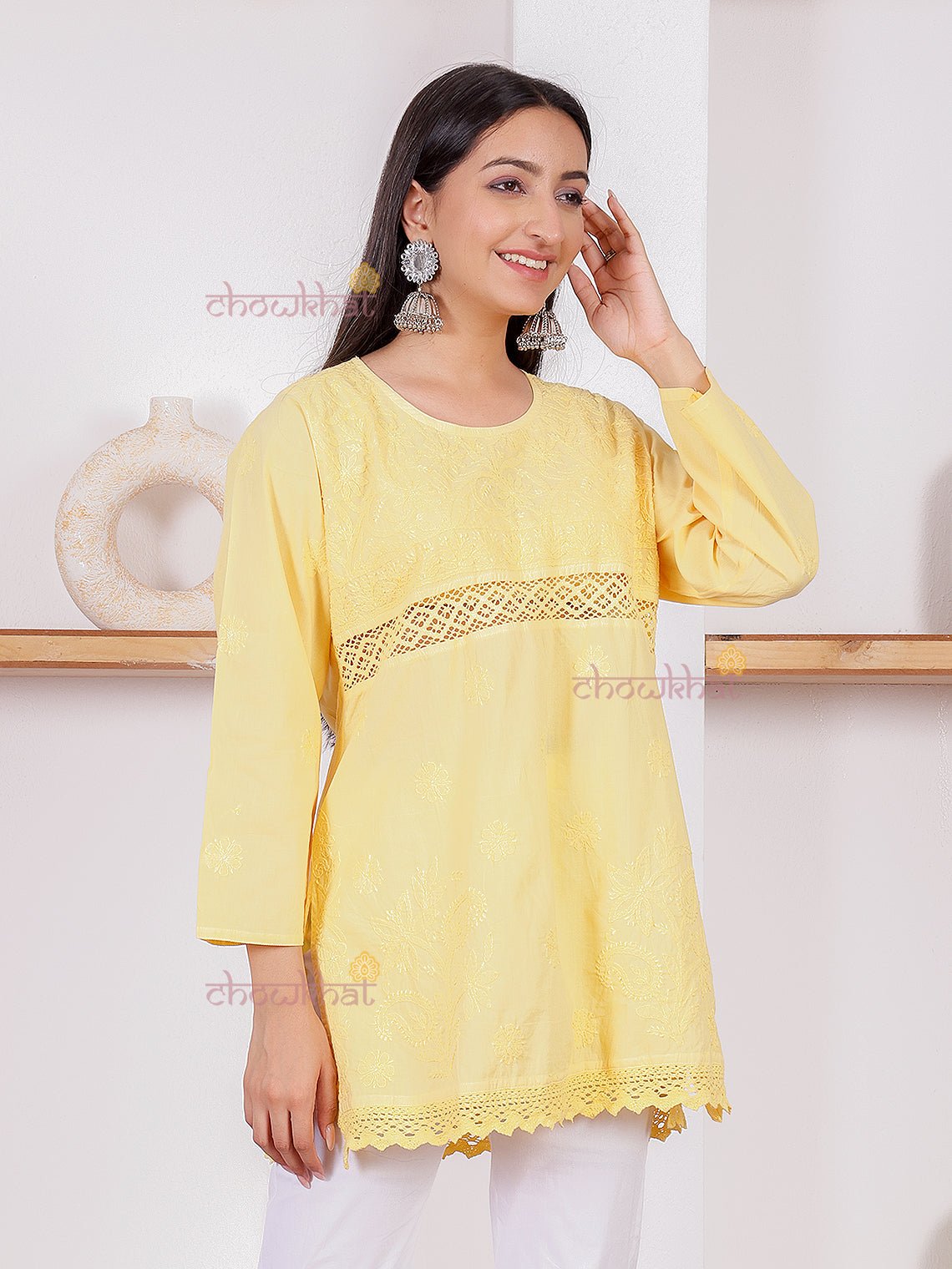 Azra Short Cotton Chikankari kurti with Lace Detailing - Chowkhat Lifestyle