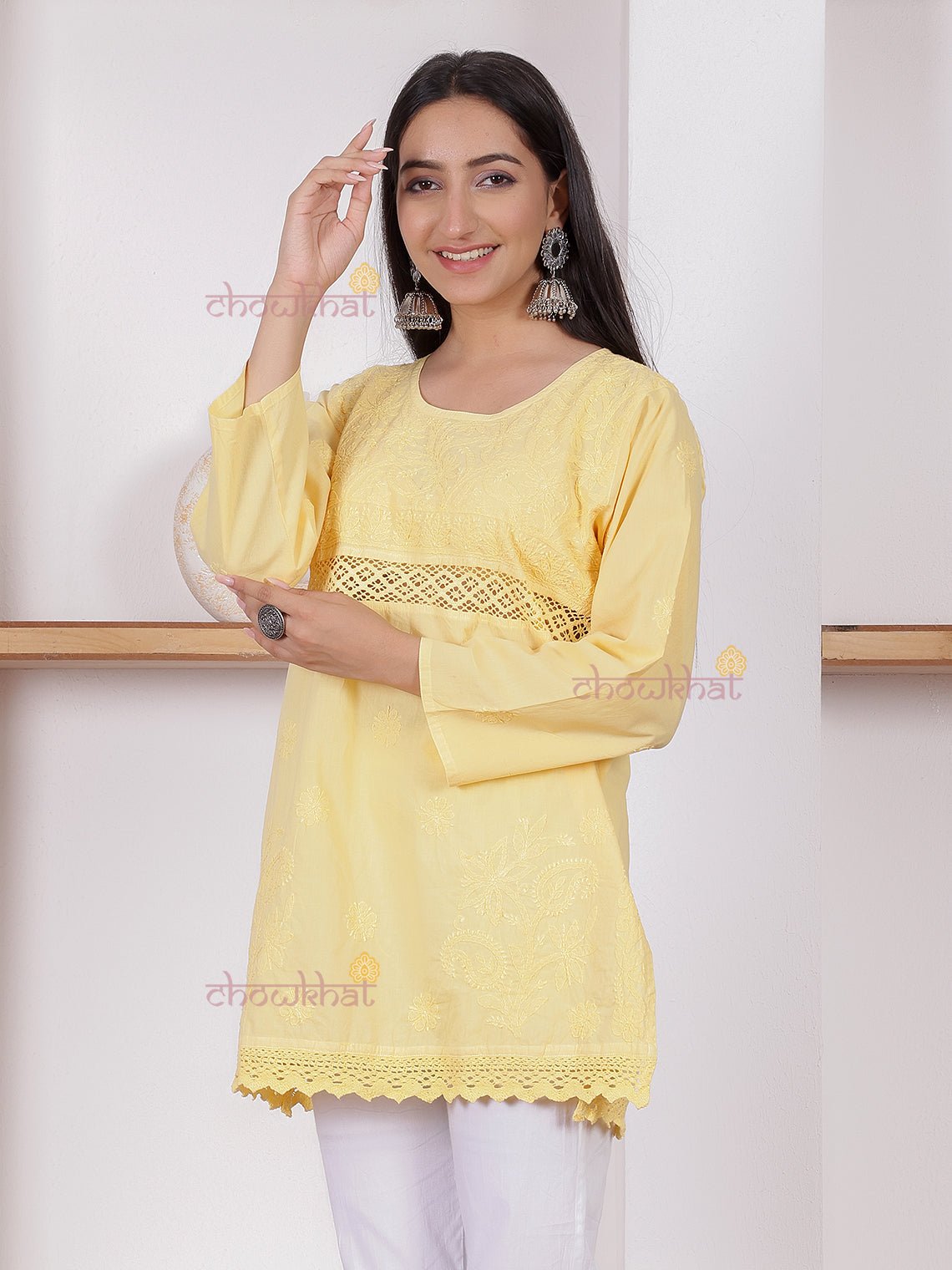 Azra Short Cotton Chikankari kurti with Lace Detailing - Chowkhat Lifestyle