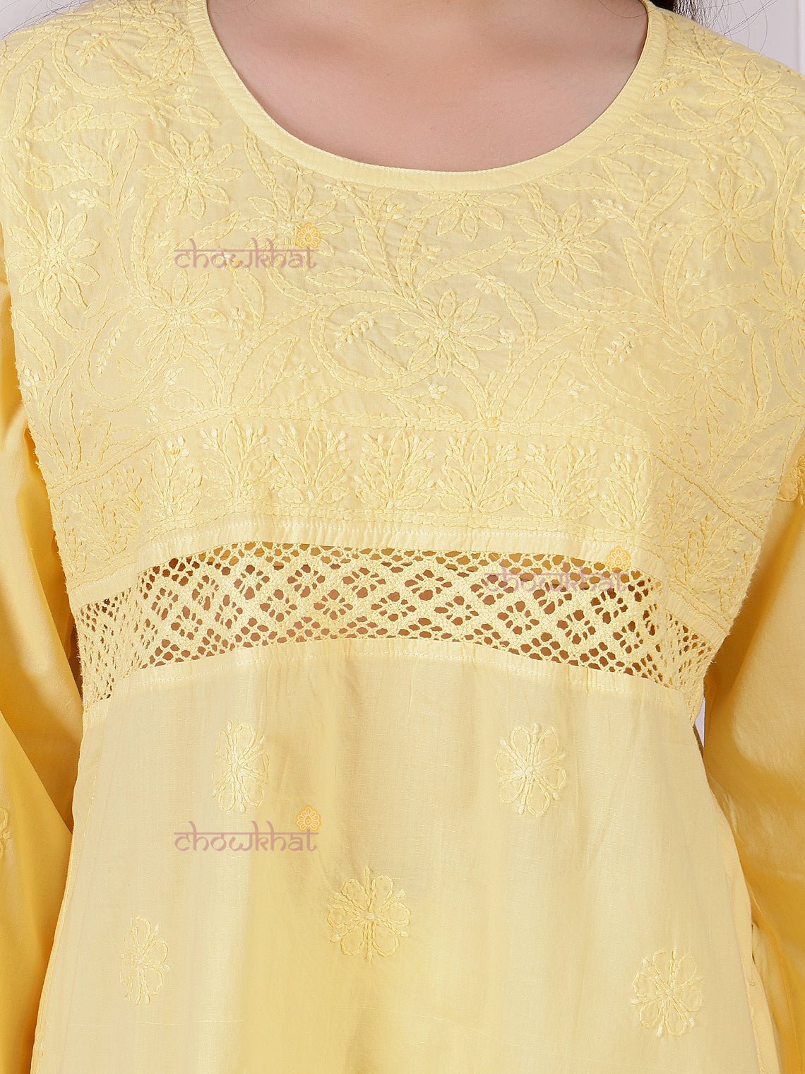 Azra Short Cotton Chikankari kurti with Lace Detailing - Chowkhat Lifestyle