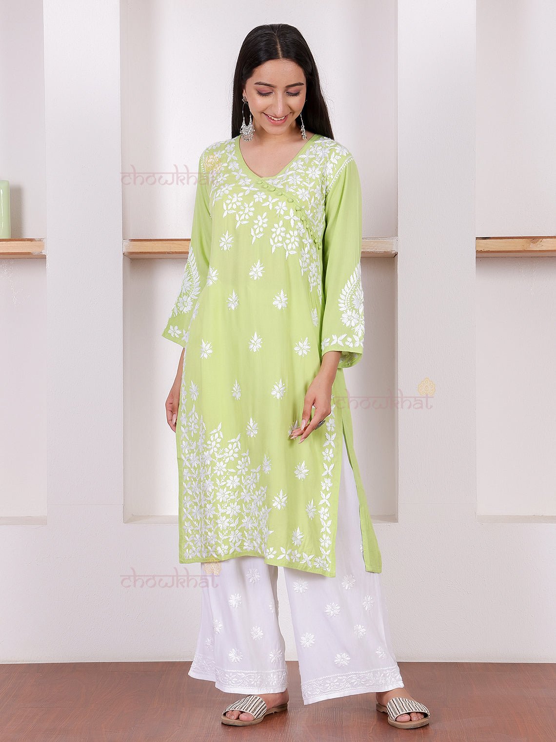 Amaara Rayon Angrakha Chikankari Kurti - Chowkhat Lifestyle