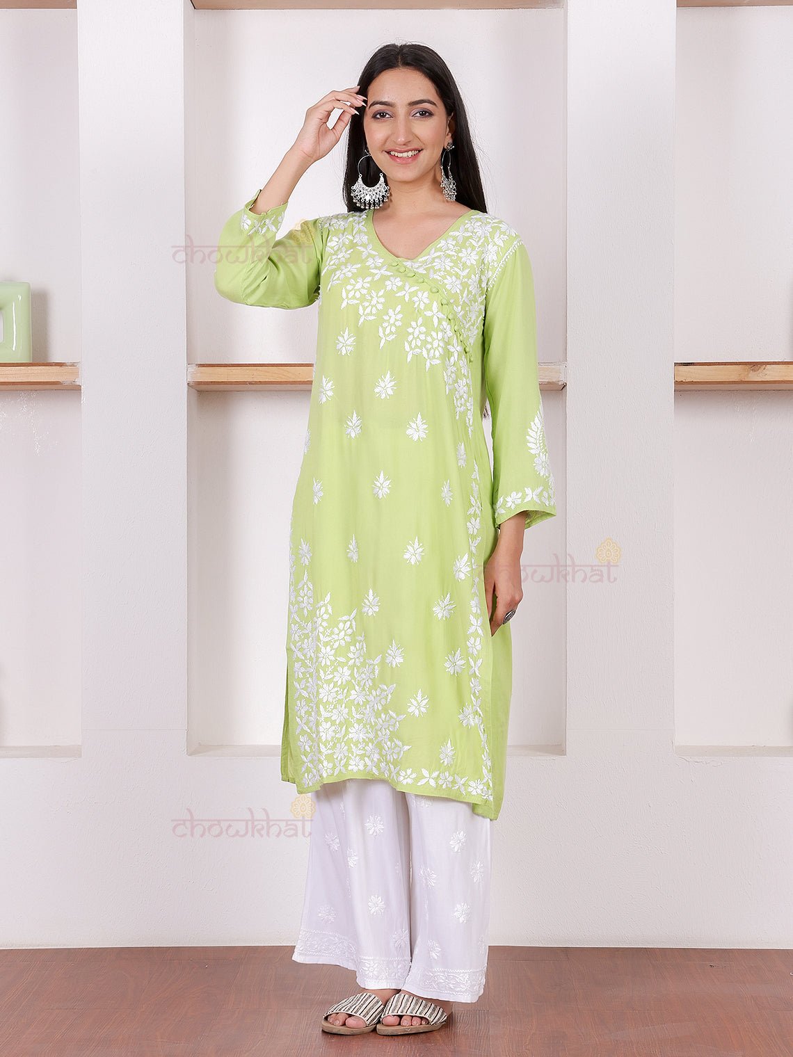 Amaara Rayon Angrakha Chikankari Kurti - Chowkhat Lifestyle