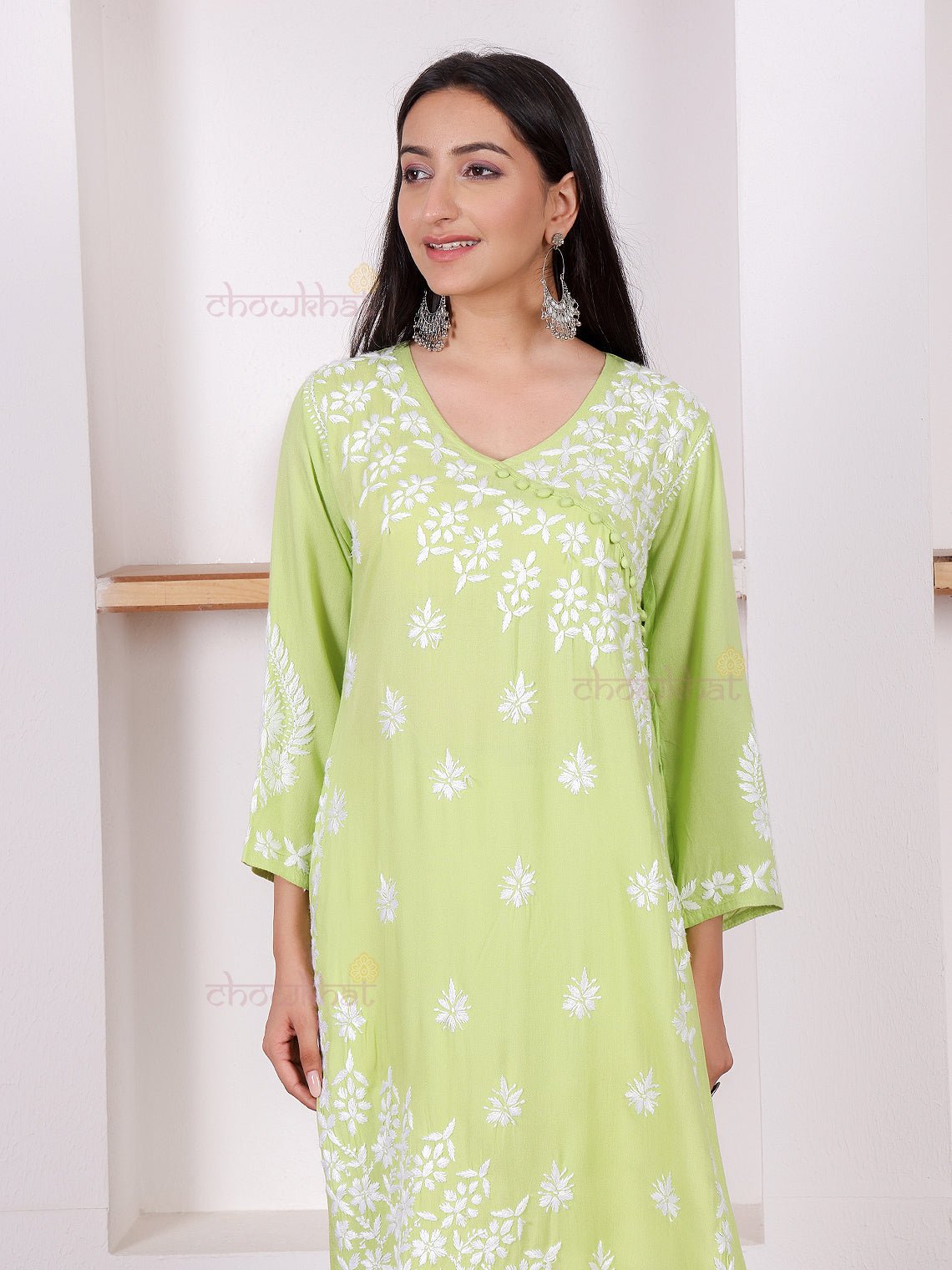 Amaara Rayon Angrakha Chikankari Kurti - Chowkhat Lifestyle