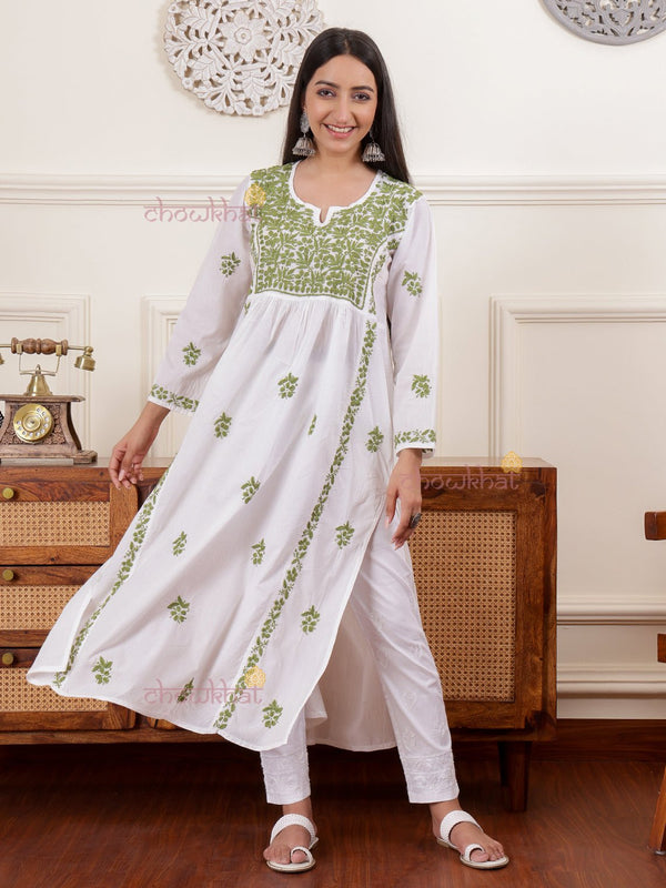 Farida Long Chikankari Cotton Kurti - Chowkhat Lifestyle