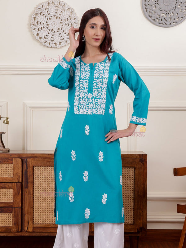 Eva Cotton Long Chikankari Kurti - Chowkhat Lifestyle