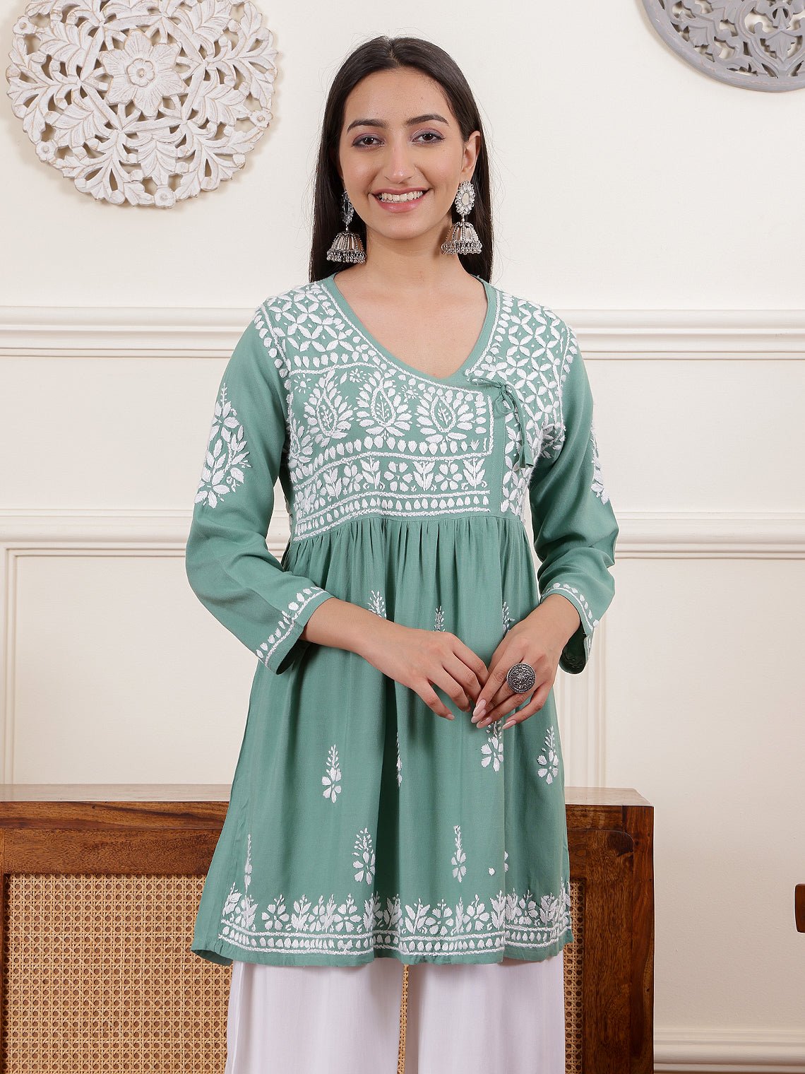 Prisha Premium Rayon Chikankari Angrakha Short Kurti - Chowkhat Lifestyle