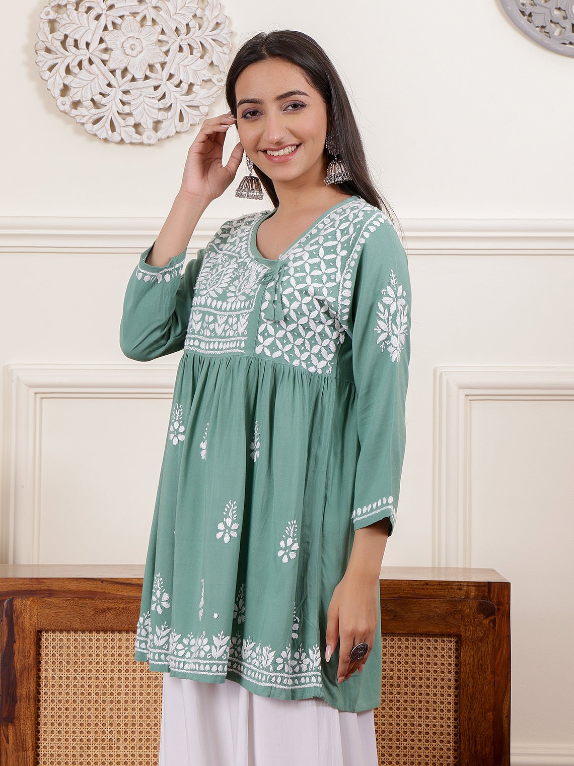 Prisha Premium Rayon Chikankari Angrakha Short Kurti Chowkhat Lifestyle