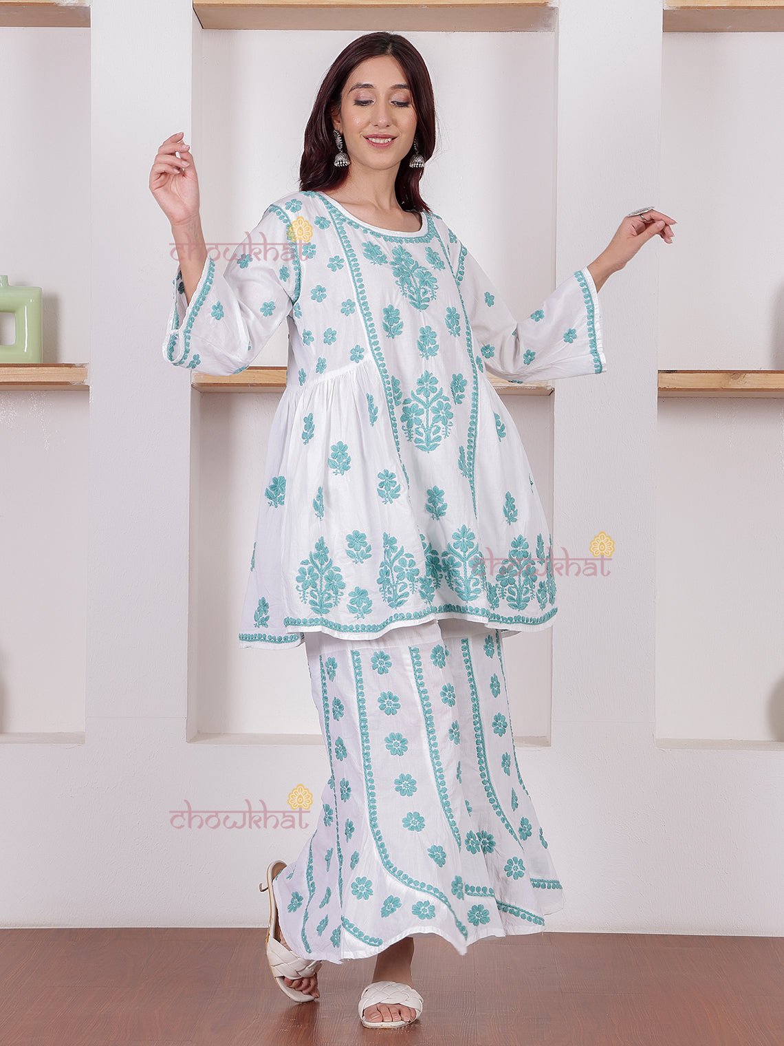 Adaa Cotton Chikankari Kurti & Palazzo Set - Chowkhat Lifestyle