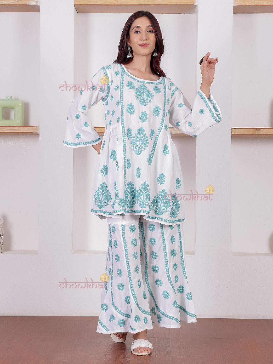 Adaa Cotton Chikankari Kurti & Palazzo Set - Chowkhat Lifestyle