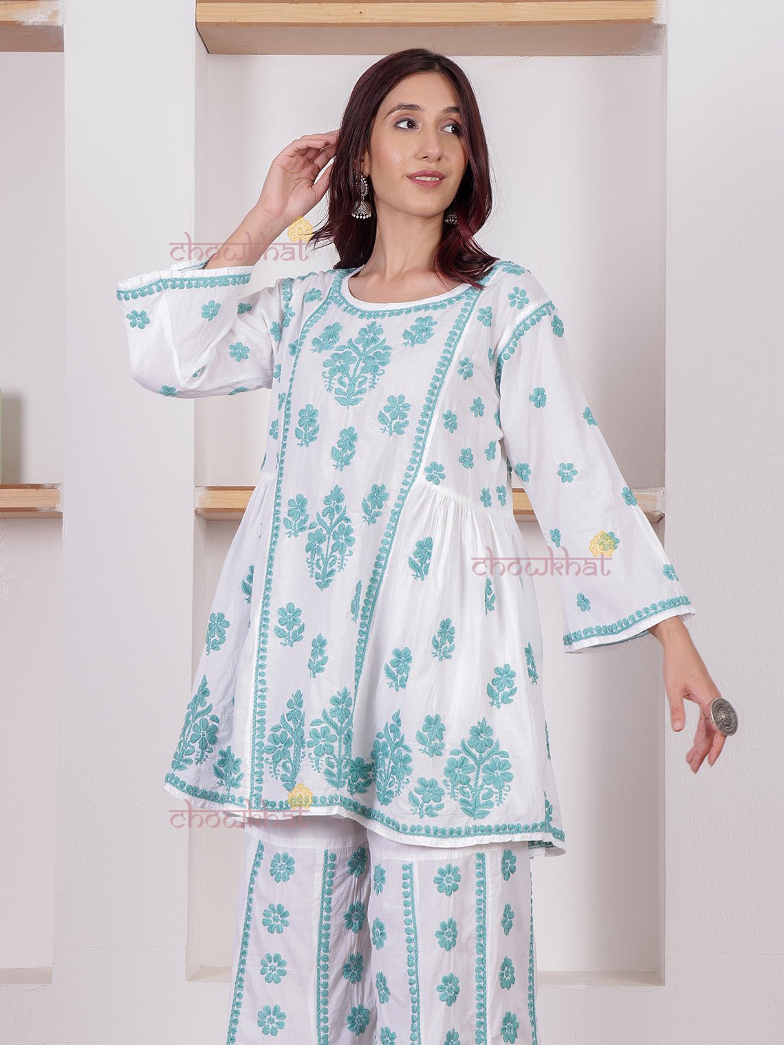 Adaa Cotton Chikankari Kurti & Palazzo Set - Chowkhat Lifestyle