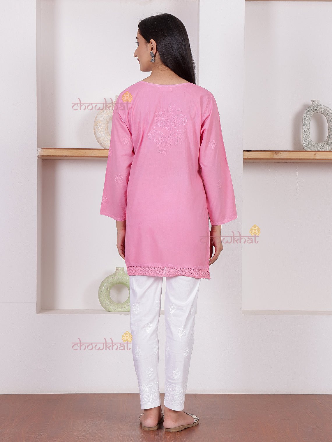 Azra Short Cotton Chikankari kurti with Lace Detailing - Chowkhat Lifestyle