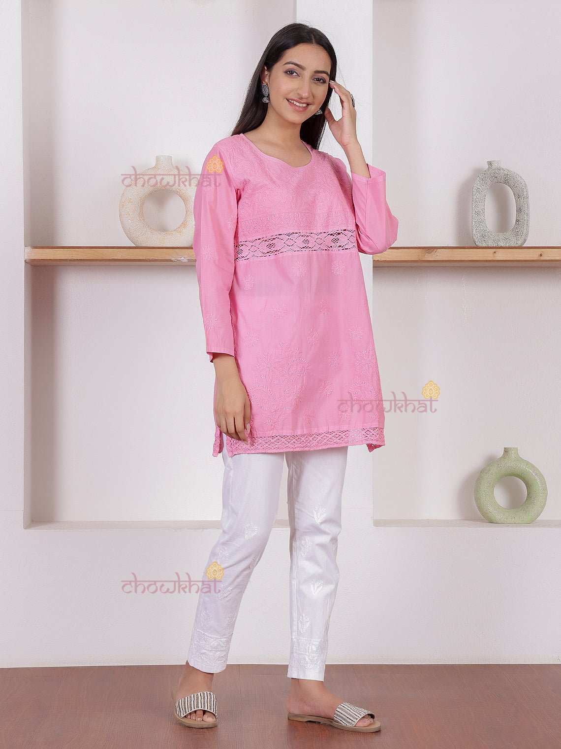 Azra Short Cotton Chikankari kurti with Lace Detailing - Chowkhat Lifestyle