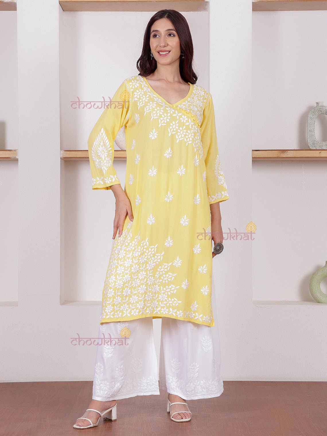 Amaara Rayon Angrakha Chikankari Kurti - Chowkhat Lifestyle