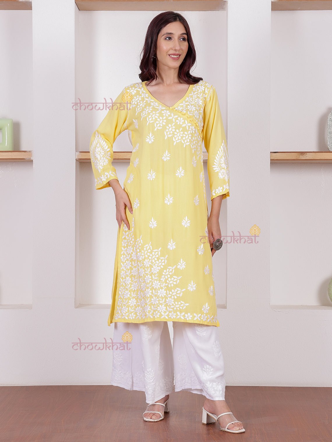 Amaara Rayon Angrakha Chikankari Kurti - Chowkhat Lifestyle