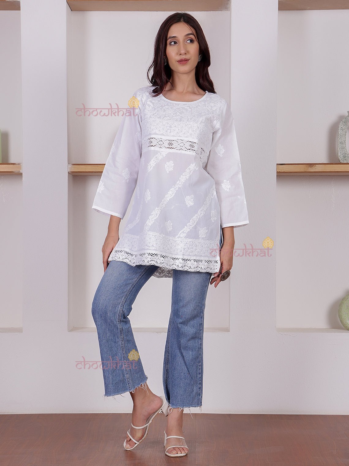 Azra Short Cotton Chikankari kurti with Lace Detailing - Chowkhat Lifestyle