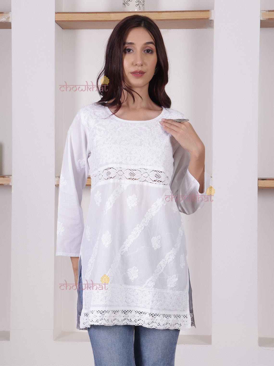 Azra Short Cotton Chikankari kurti with Lace Detailing - Chowkhat Lifestyle