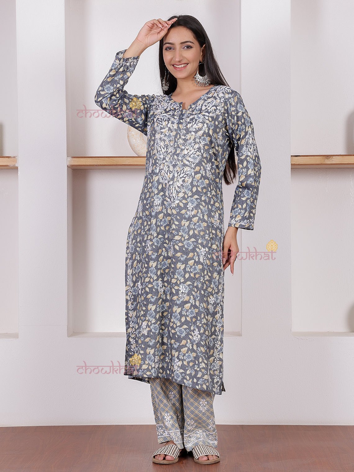 Shanaya Rayon Slub Chikankari Kurti & Palazzo Set - Chowkhat Lifestyle