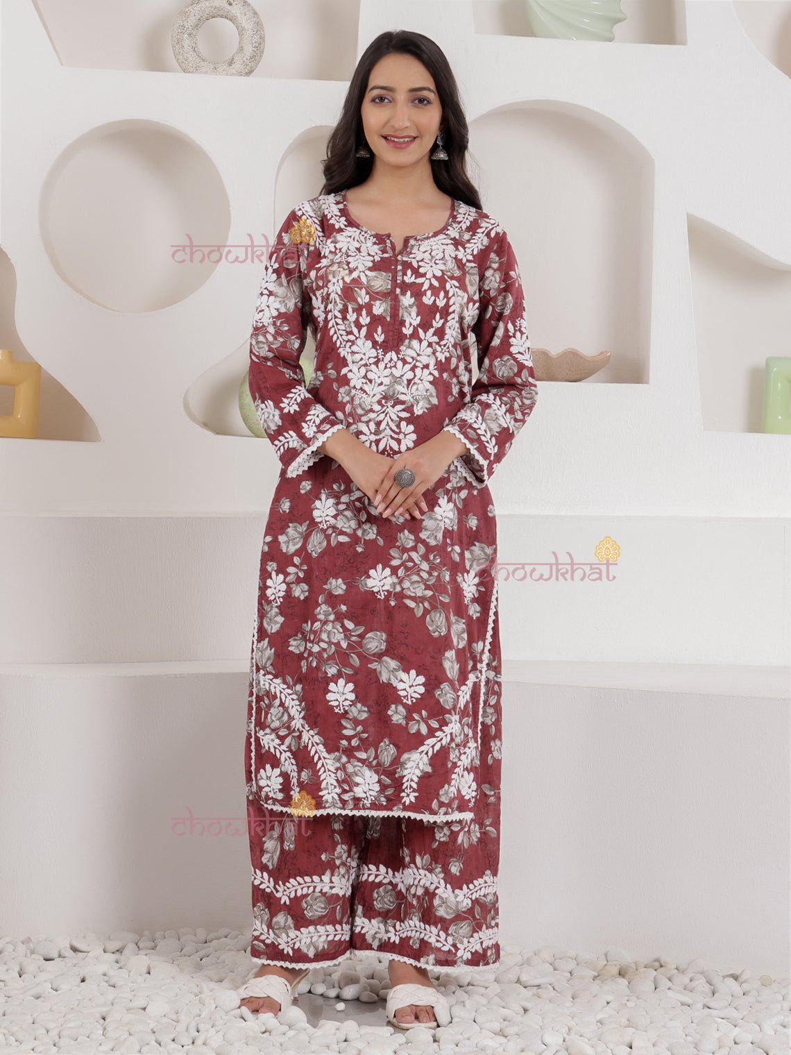 Mariam Mul Cotton Chikankari Set with Lace Detailing - Chowkhat Lifestyle