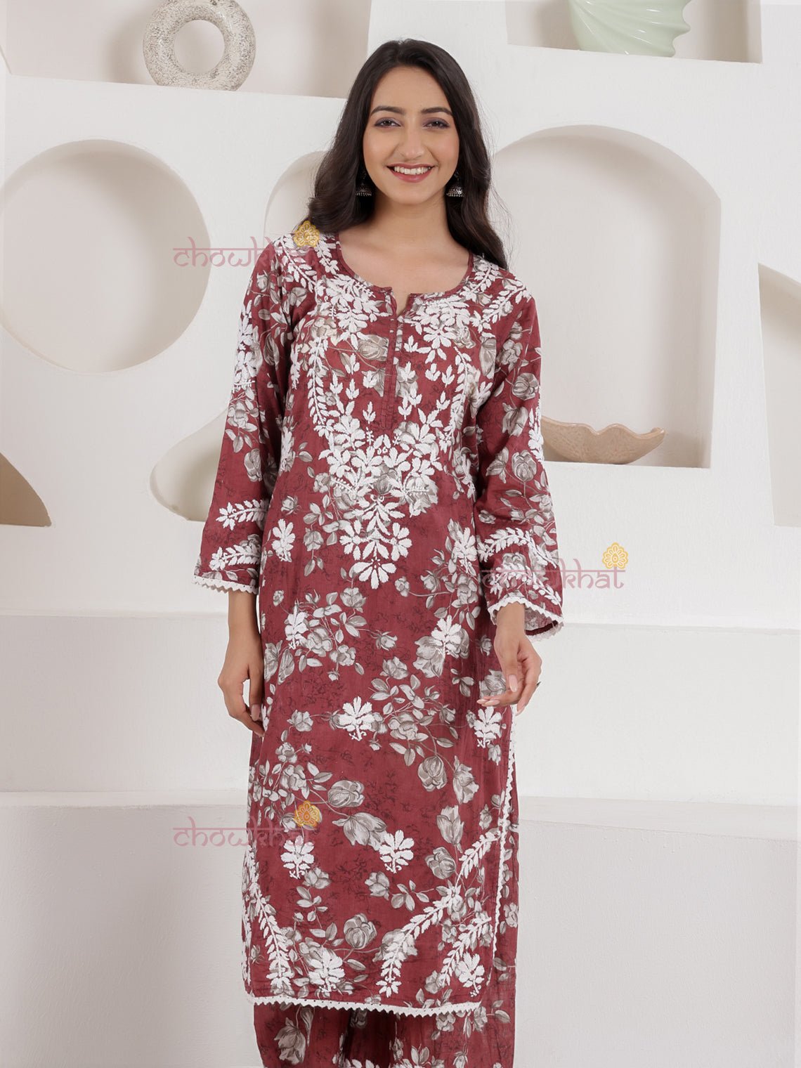 Mariam Mul Cotton Chikankari Set with Lace Detailing - Chowkhat Lifestyle