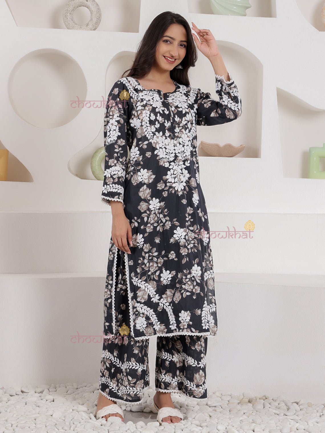 Mariam Mul Cotton Chikankari Set with Lace Detailing - Chowkhat Lifestyle