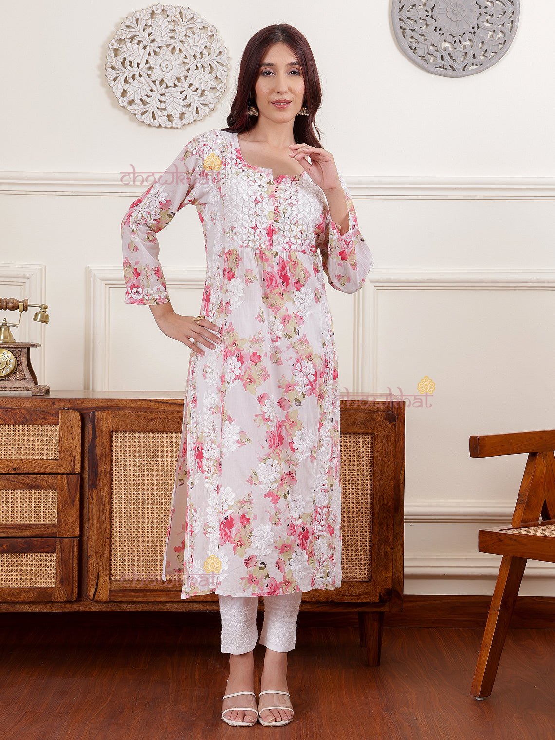 Ahika Nyra Cut Mul Cotton Chikankari Kurti - Chowkhat Lifestyle
