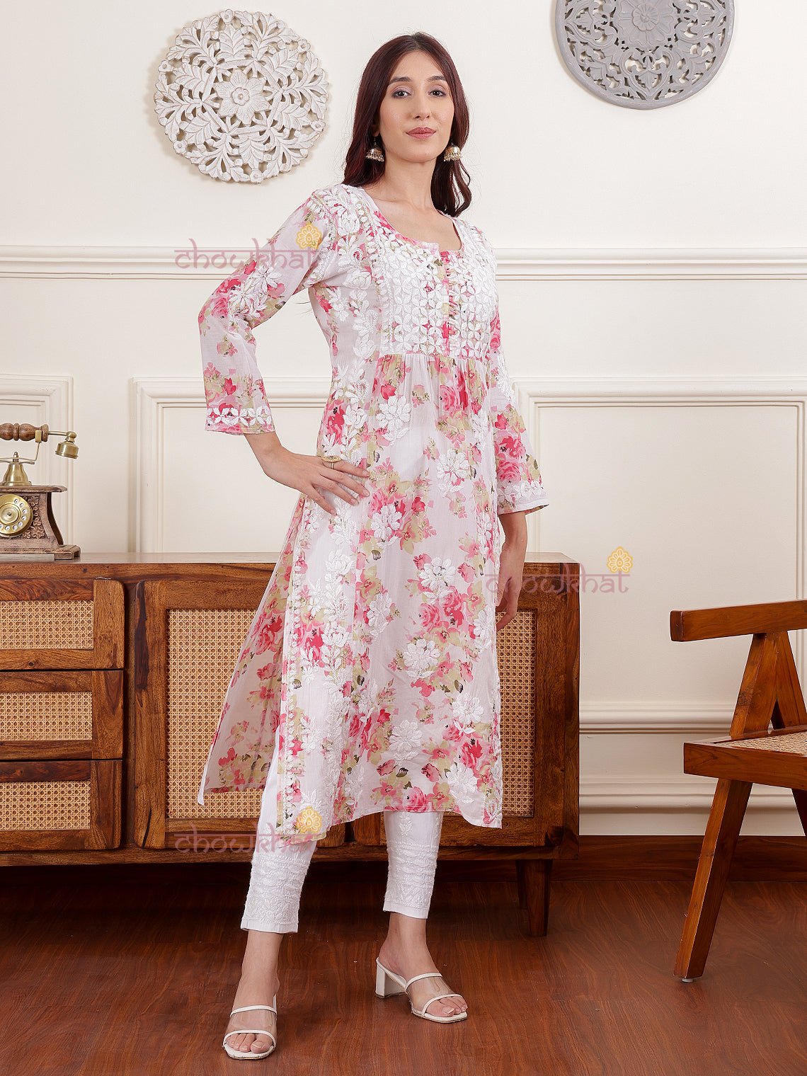 Ahika Nyra Cut Mul Cotton Chikankari Kurti - Chowkhat Lifestyle