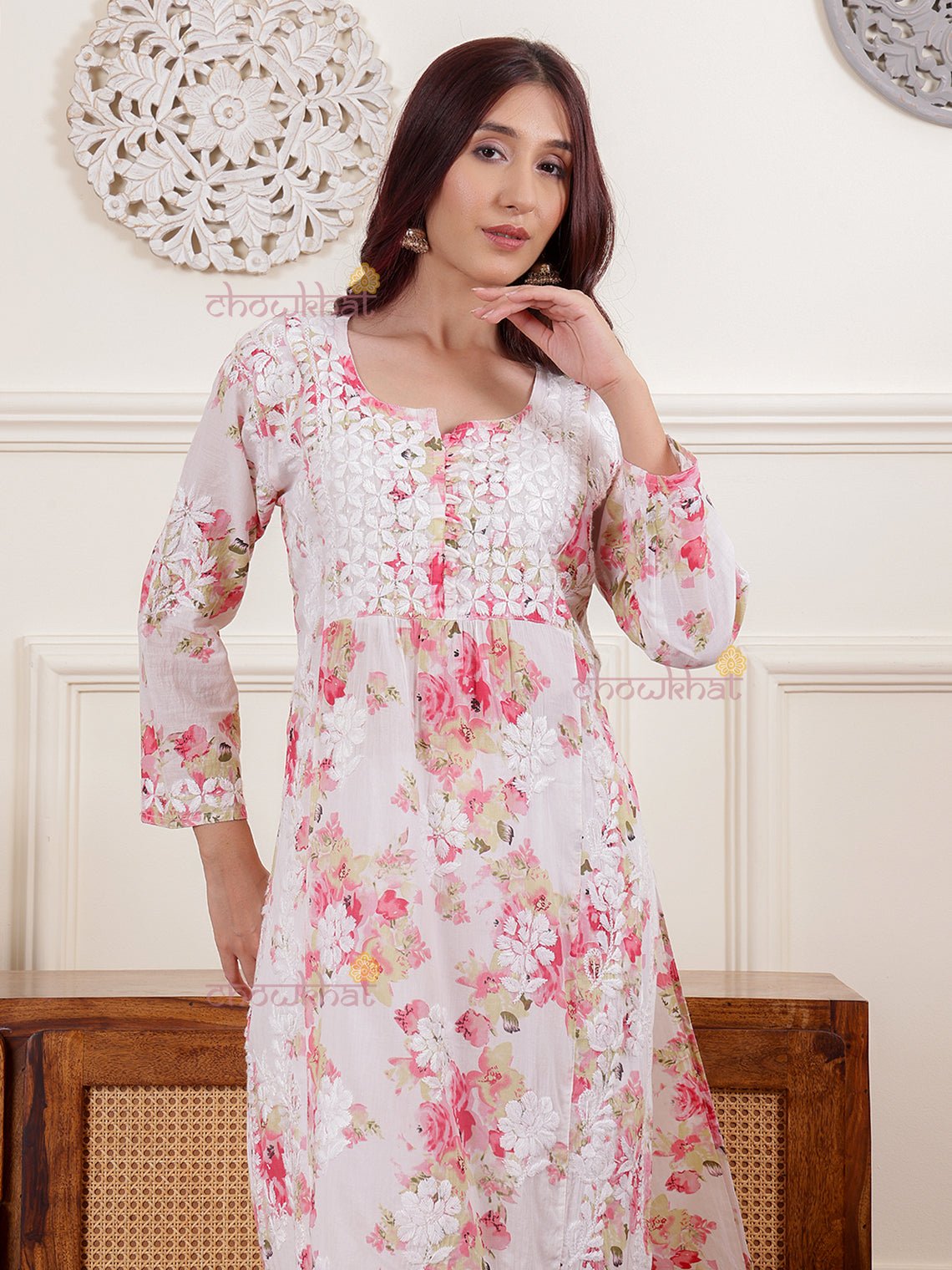 Ahika Nyra Cut Mul Cotton Chikankari Kurti - Chowkhat Lifestyle