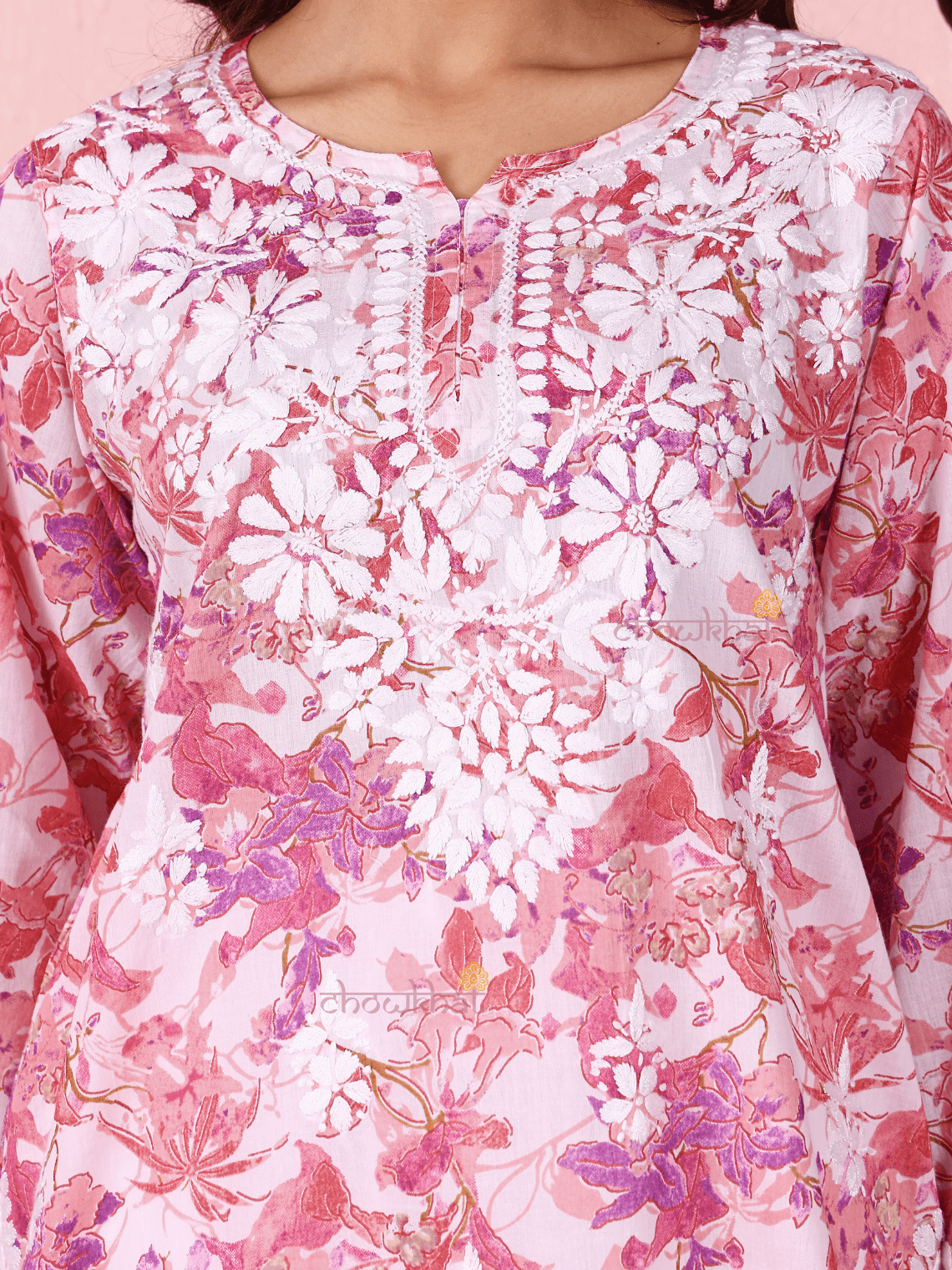 Sara Mul Cotton Straight Short Chikankari Kurti - Chowkhat Lifestyle