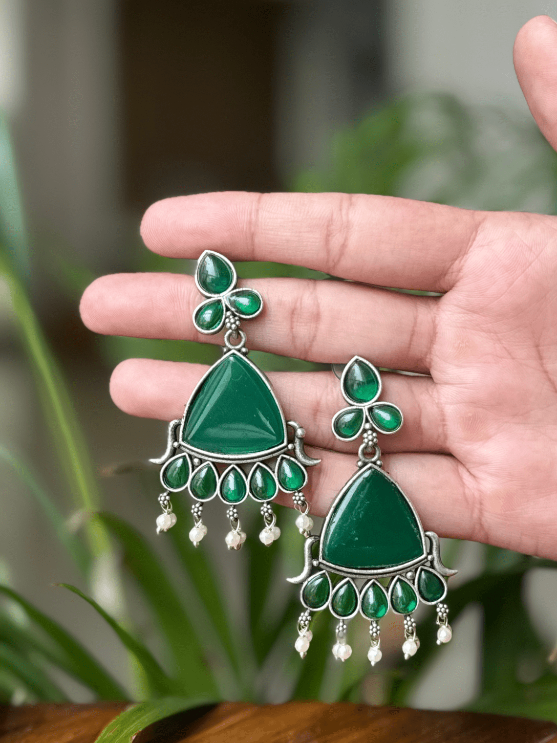 German Silver Stone Earrings With Pearl - Chowkhat Lifestyle