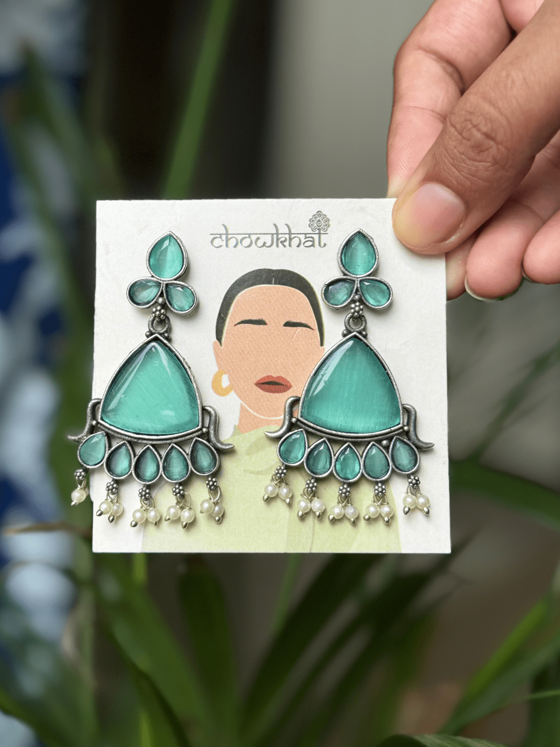 German Silver Stone Earrings With Pearl - Chowkhat Lifestyle