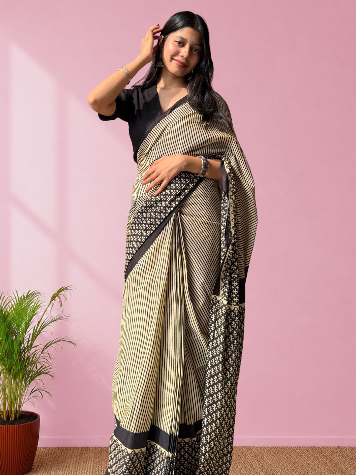Reya Pre- Draped Hand Printed Mul Cotton Saree - Chowkhat Lifestyle