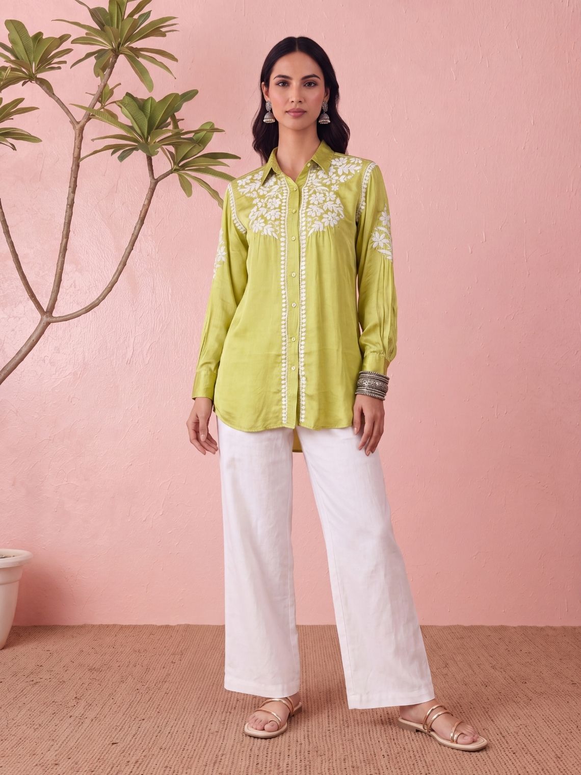 Kashika Modal Satin Chikankari High Low Shirt - Chowkhat Lifestyle