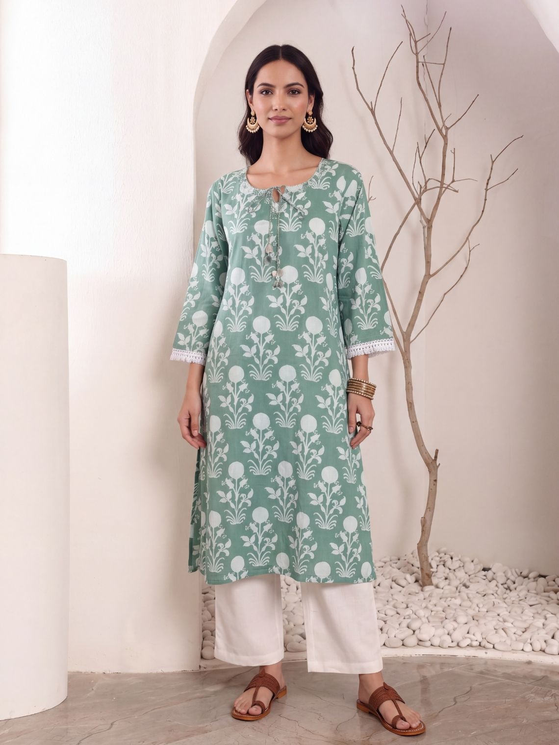 Devika Cotton Hand Embroidered Long Kurti - Chowkhat Lifestyle