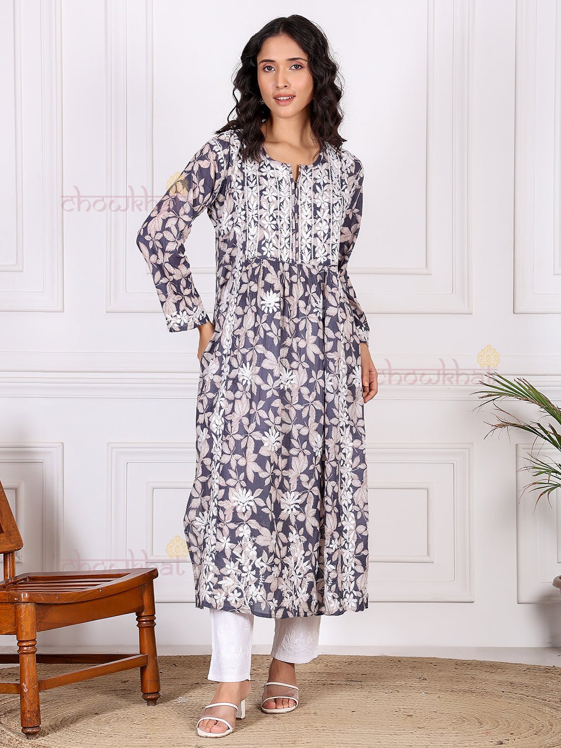 Mahika Mul Cotton Nyra Style Chikankari Kurti - Chowkhat Lifestyle